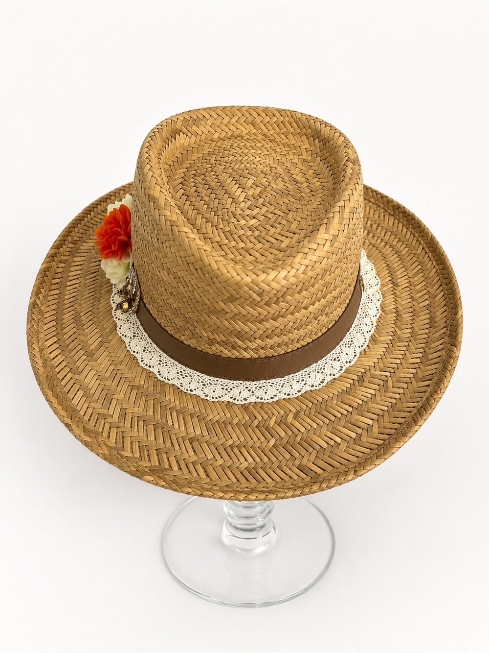 Upcycled DP Woven Straw Sun Hat with Lace, Floral & Rhinestone Brooch